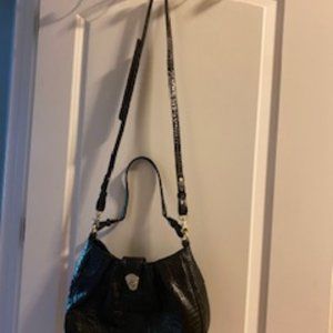 Brahmin Black Croc Embossed Leather Curved Hobo Shoulder Bag